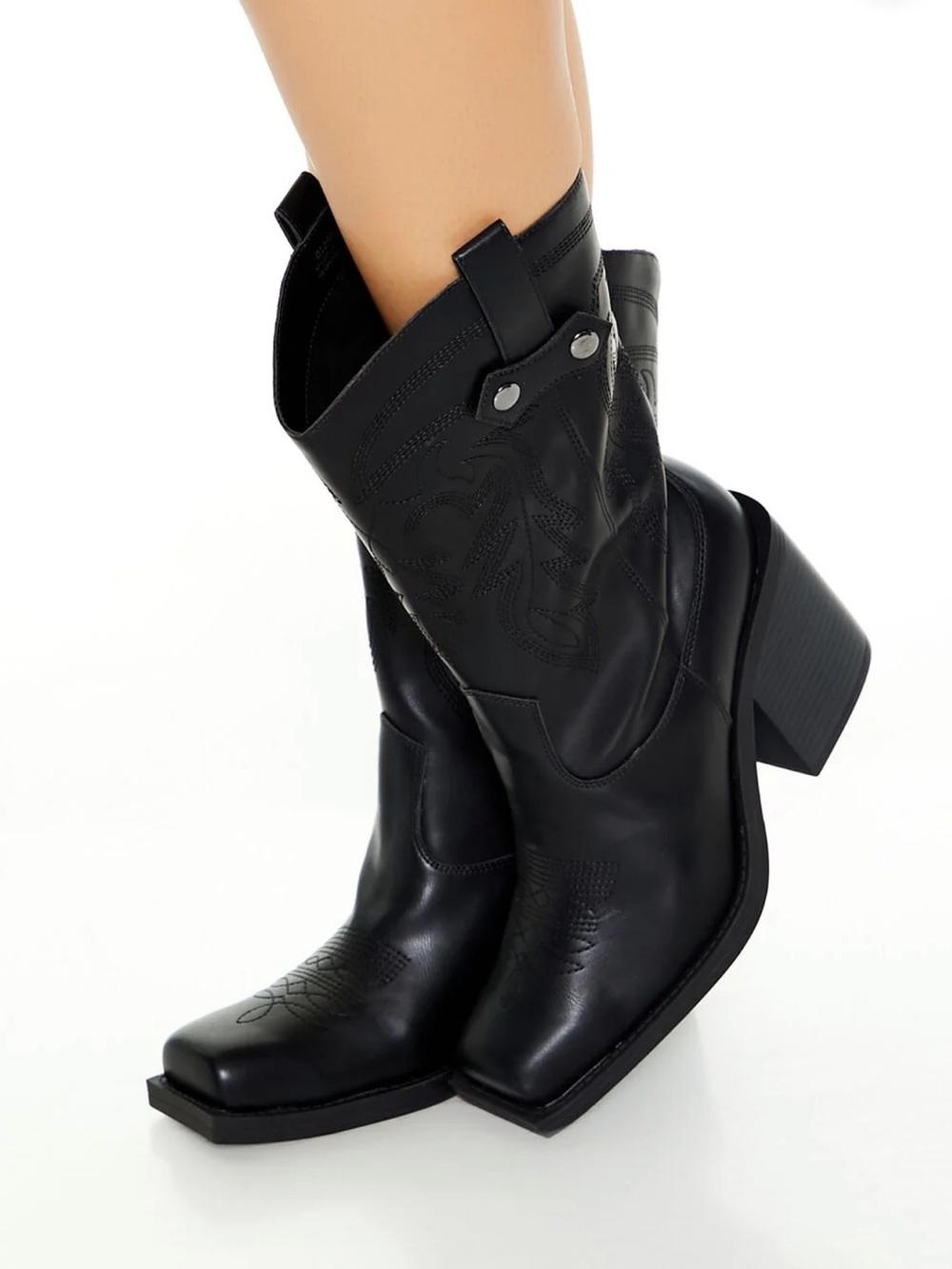 Forever 21 Black Faux Leather Square Toe Western Cowboy Boots